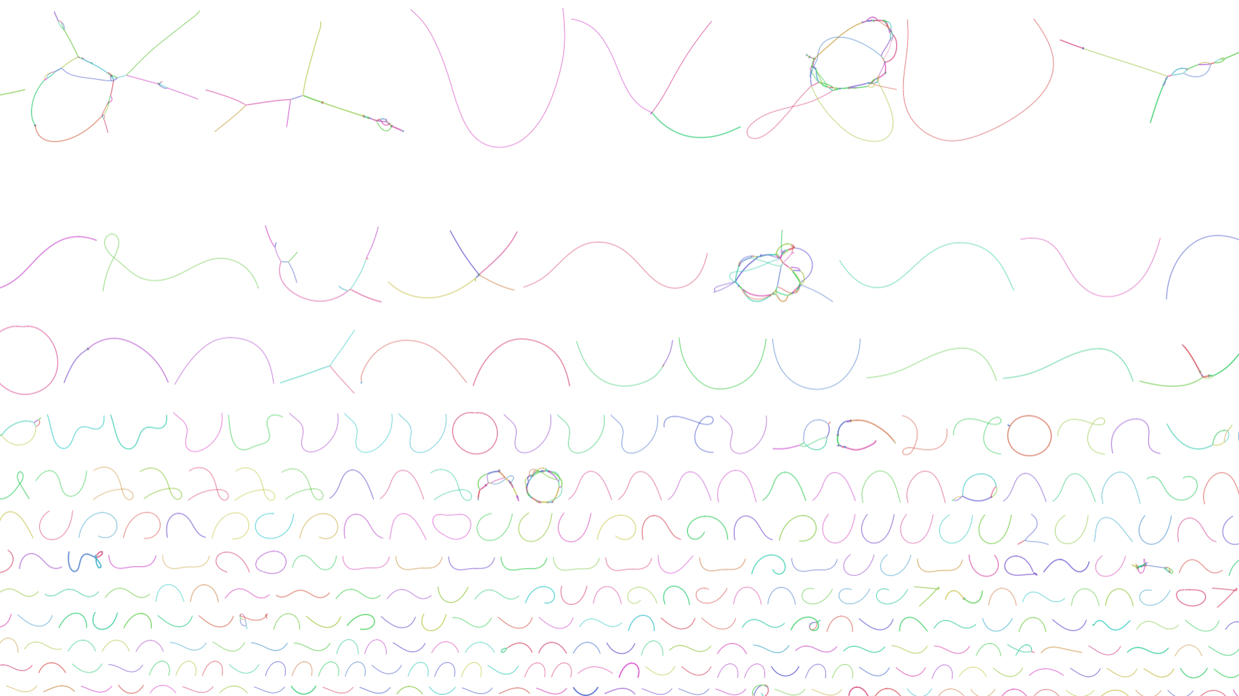 Assembly graph wallpaper showing rows of colourful loops, curves, and connected components from a co-assembly of metaviromic samples.